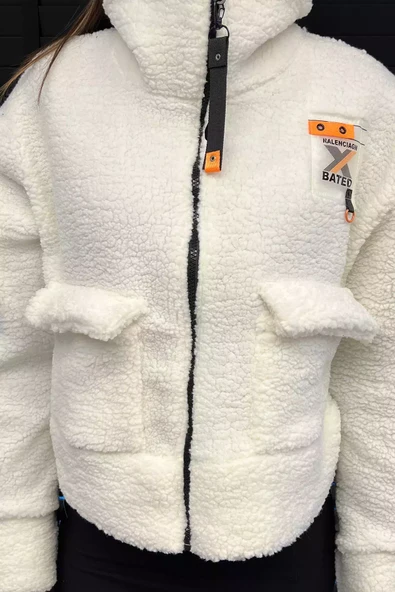 Krem Kadın Oversize Peluş Ceket - 3