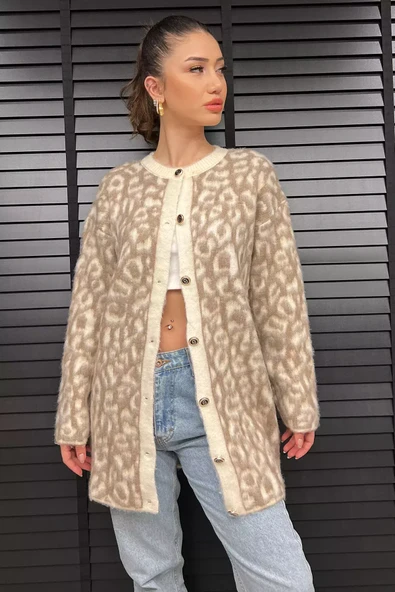Bej Krem Kadın Leopar Desen Triko Hırka - 2