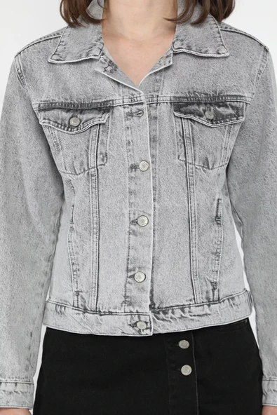 Açıkgri Kadın Slim Fit Jean Kot Ceket - 4