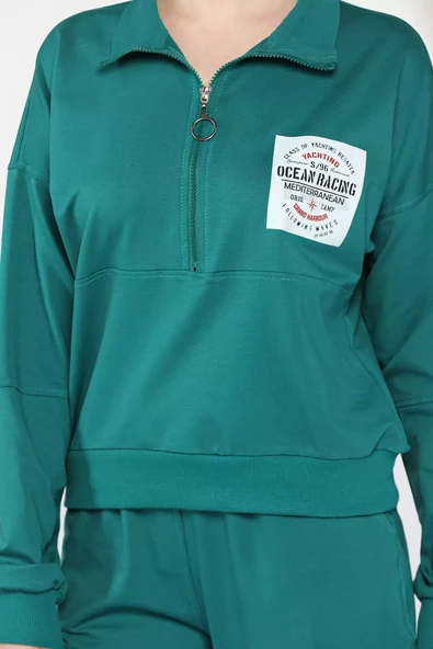 Zümrüt Yeşili Kadın Dik Yaka Yarım Fermuarlı Sweat Pantolon Eşofman Takımı - 4