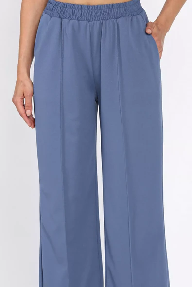 İndigo Bel Lastikli Çimalı Bol Paça Pantolon - 4