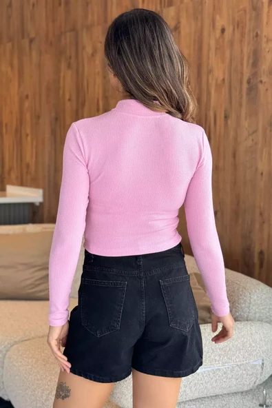 Pembe Yarım Balıkçı Yaka Taşlı Crop Top Bluz (s-m Beden Uyumludur) - 3