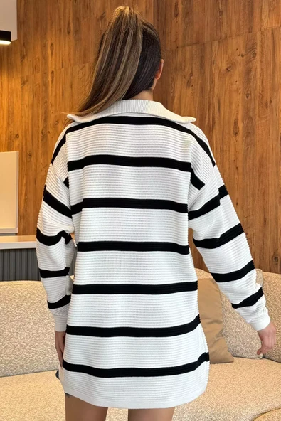 Kremsiyahlı Yarım Fermuarlı Çizgili Triko Tunik - 3