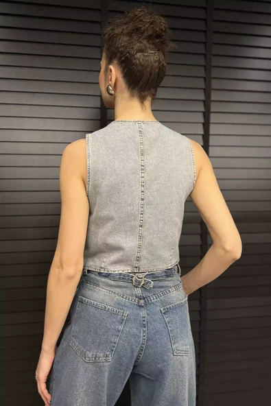 Buzmavisi Kadın Taşlı Jean Kot Yelek - 3