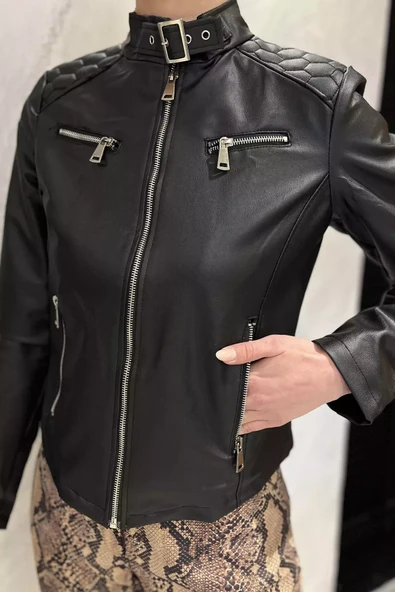 Siyah Kadın Kemer Tokalı Crop Top Suni Deri Ceket - 3