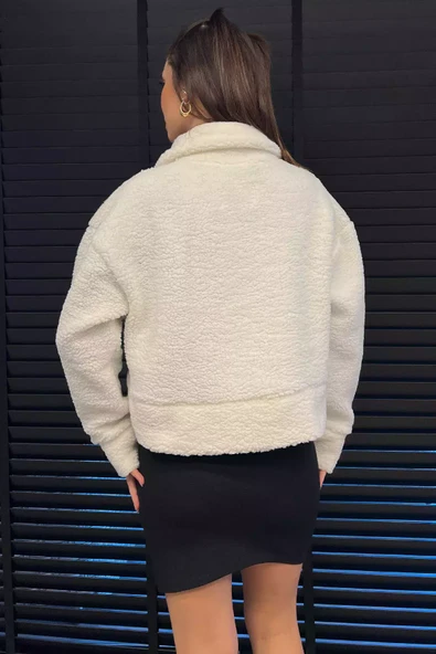 Krem Kadın Oversize Peluş Ceket - 4