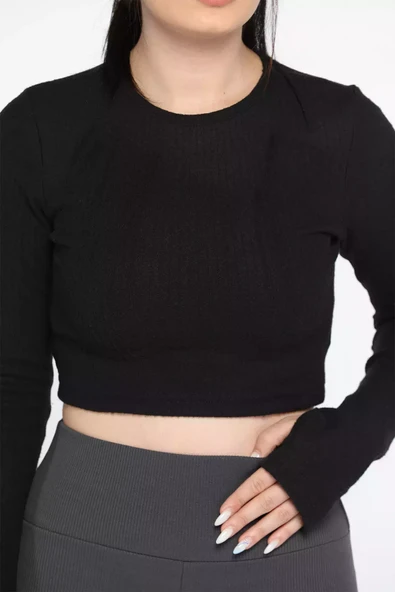 Siyah Kadın Bisiklet Yaka Kolu Pencereli Kaşkorse Crop Top Bluz - 4