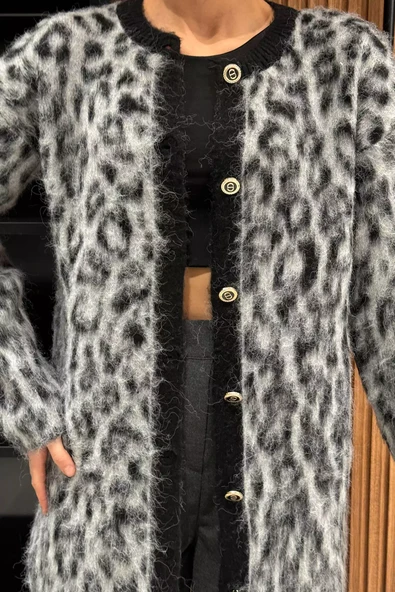 Siyahgri Kadın Leopar Desen Triko Hırka - 3