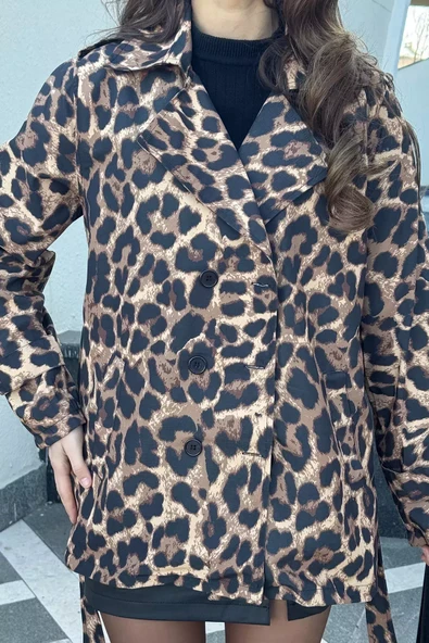 Leopar Desen Leopar Desenli Kuşaklı Kadın Trençkot - 3