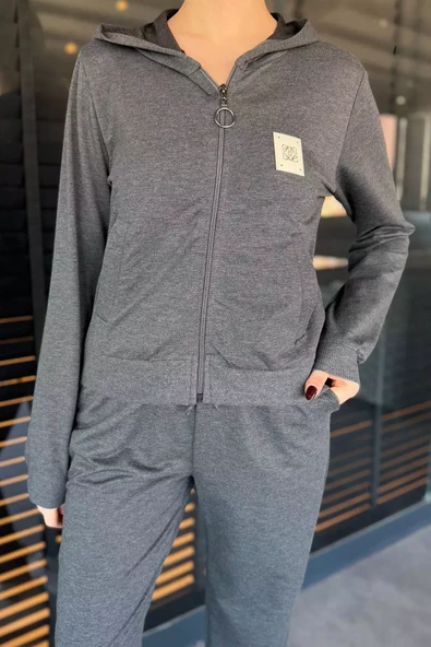 Antrasit Kadın Kapüşonlu Fermuarlı Sweat Pantolon Eşofman Takımı - 4