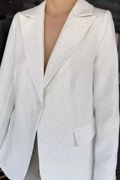 Krem Taş Detaylı Kadın Tarz Blazer Ceket - 4