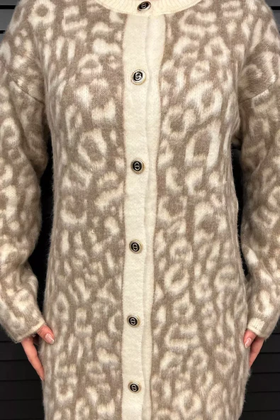 Bej Krem Kadın Leopar Desen Triko Hırka - 3