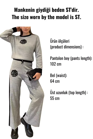Krem Kadın Taş İşlemeli Kazak Pantolon Triko İkili Takım - 5