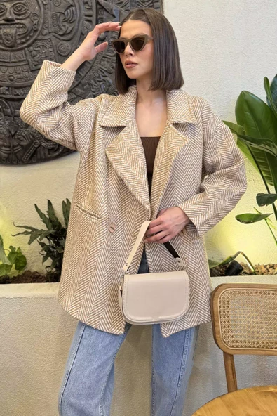 Bisküvi Kadın Astarlı Balıksırtı Desen Oversize Kaşe Kaban - 1