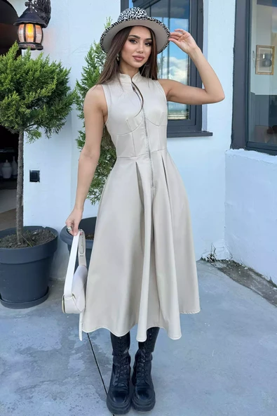Bej Yarım Fermuarlı Suni Deri Elbise - 2