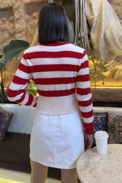 Kremkırmızı Kadın Balıkçı Yaka Taş Detaylı Crop Top Bluz - 5