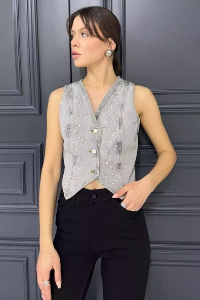 Gri Kadın Taşlı Jean Kot Yelek - 2
