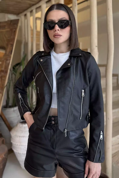 Siyah Kadın Fermuarlı Crop Top Suni Deri Ceket