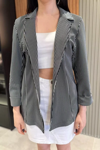 Siyah Kadın Çizgili Duble Kol Blazer Ceket - 3