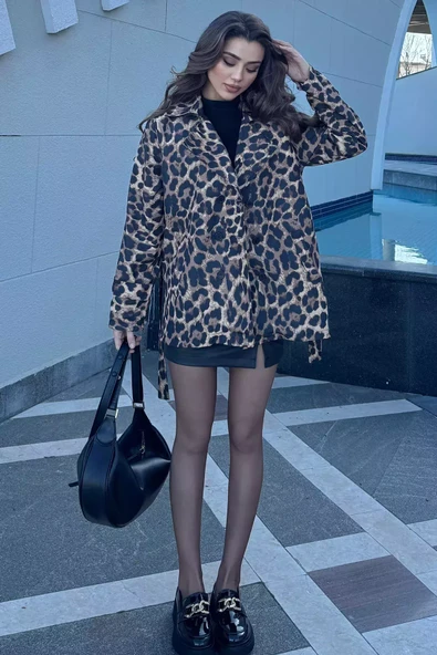 Leopar Desen Leopar Desenli Kuşaklı Kadın Trençkot - 1