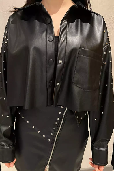 Siyah Kadın Zımba Detaylı Crop Top Suni Deri Ceket - 3