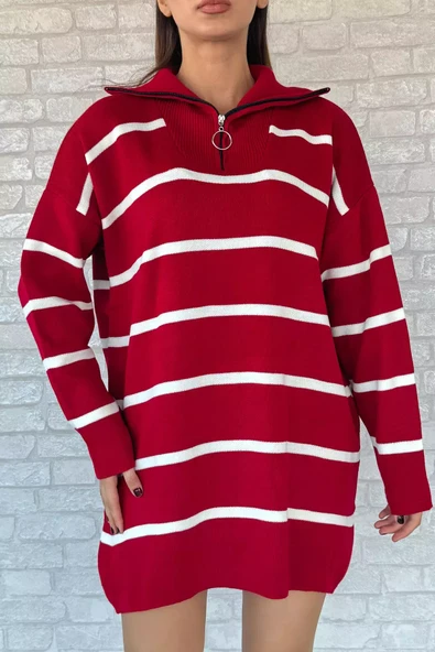 Kırmızı Çizgili Yarım Fermuarlı Triko Tunik - 3