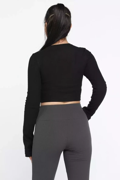 Siyah Kadın Bisiklet Yaka Kolu Pencereli Kaşkorse Crop Top Bluz - 3