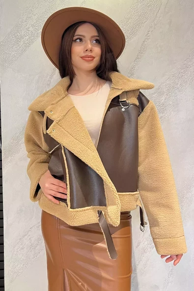 Bisküvi Kahve Kadın Çıtçıt Detaylı Peluş Garnili Suni Deri Mont - 2