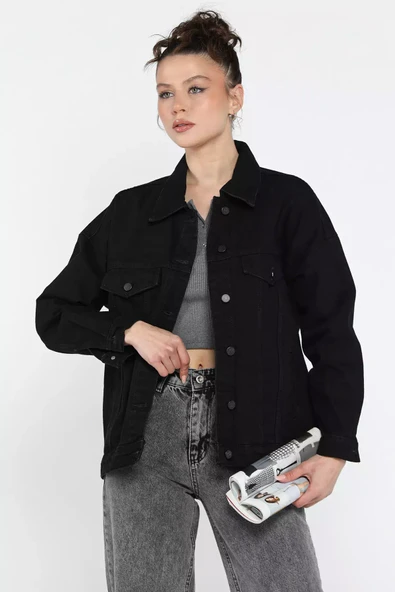 Siyah Kadın Oversize Jean Kot Ceket - 2