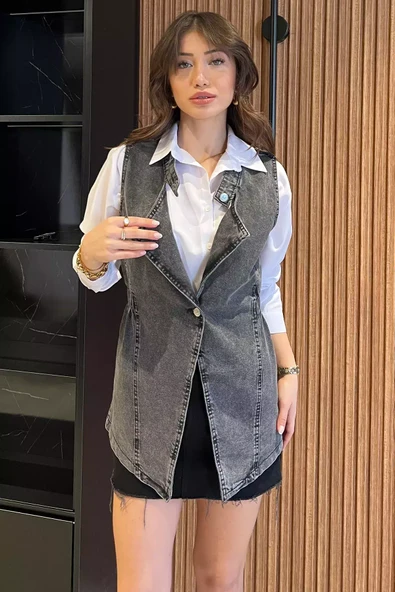Antrasit Kadın Bel Lastkli Jean Kot Yelek - 1