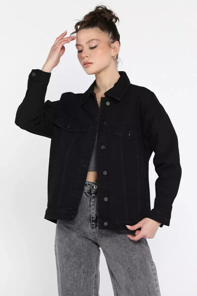 Siyah Kadın Oversize Jean Kot Ceket - 3