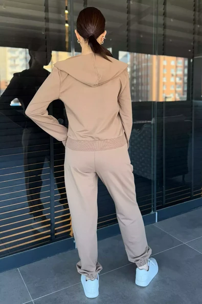 Bisküvi Kadın Kapüşonlu Fermuarlı Sweat Pantolon Eşofman Takımı - 3