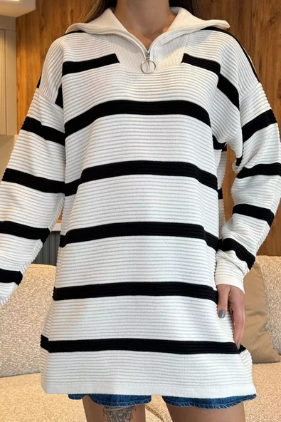Kremsiyahlı Yarım Fermuarlı Çizgili Triko Tunik - 2