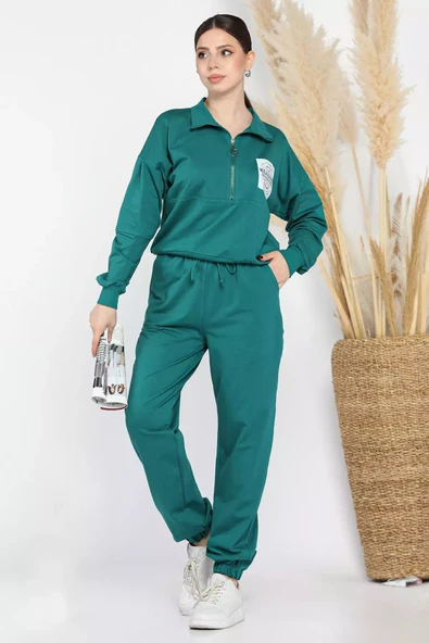 Zümrüt Yeşili Kadın Dik Yaka Yarım Fermuarlı Sweat Pantolon Eşofman Takımı - 1