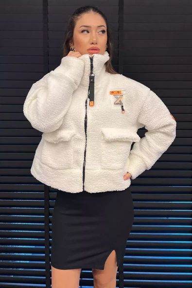Krem Kadın Oversize Peluş Ceket - 2