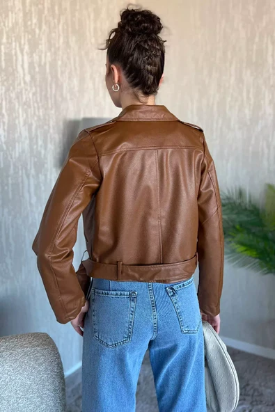 Taba Kadın Kemer Detaylı Fermuarlı Crop Top Suni Deri Ceket - 4