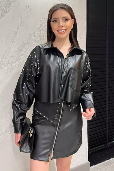 Siyah Kadın Zımba Detaylı Crop Top Suni Deri Ceket - 2