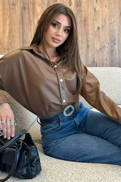 Taba Çıtçıtlı Suni Deri Kadın Gömlek - 2