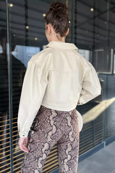Taş Kadın Çift Cepli Çıtçıtlı Crop Top Suni Deri Ceket - 4