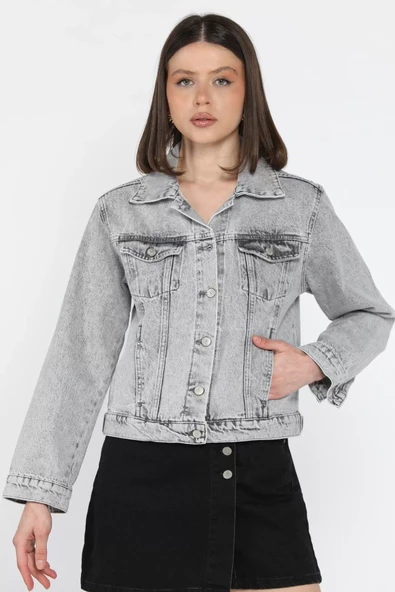 Açıkgri Kadın Slim Fit Jean Kot Ceket - 1