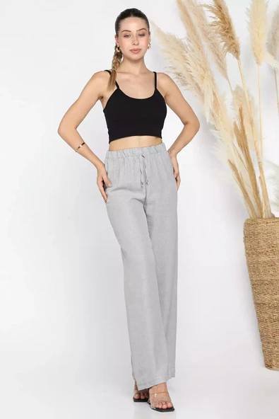 Gri Bel Lastikli Bol Paça Pantolon - 2
