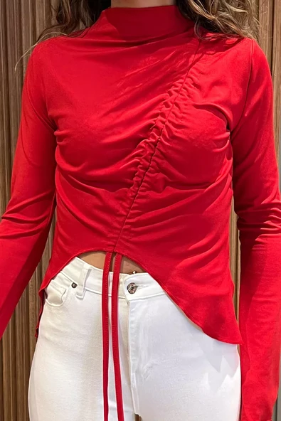 Kırmızı Ön Büzgülü Kadın Bluz - 3