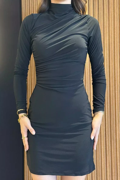 Siyah Kadın Omuz Ve Bel Drapeli Elbise - 3