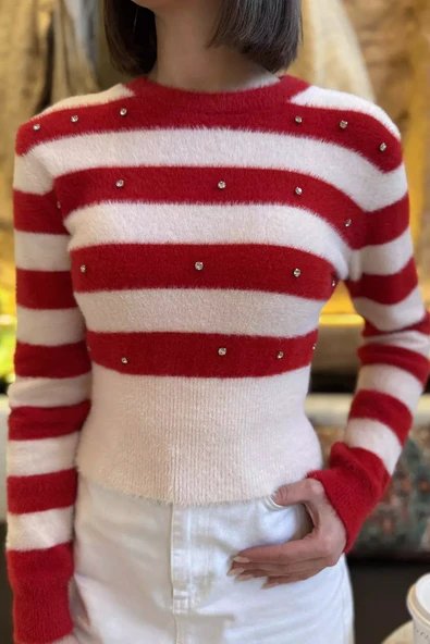Kremkırmızı Kadın Balıkçı Yaka Taş Detaylı Crop Top Bluz - 4