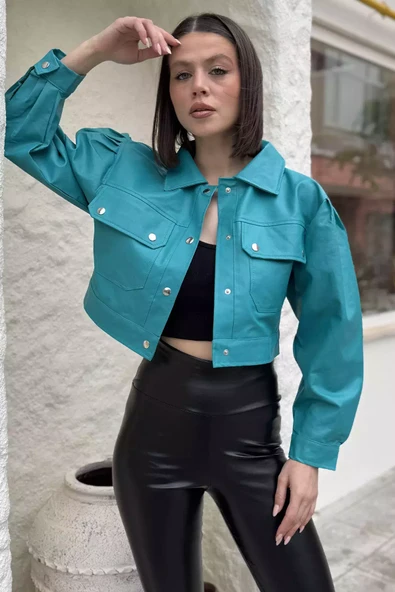 Koyumint Kadın Çift Cepli Çıtçıtlı Crop Top Suni Deri Ceket - 3