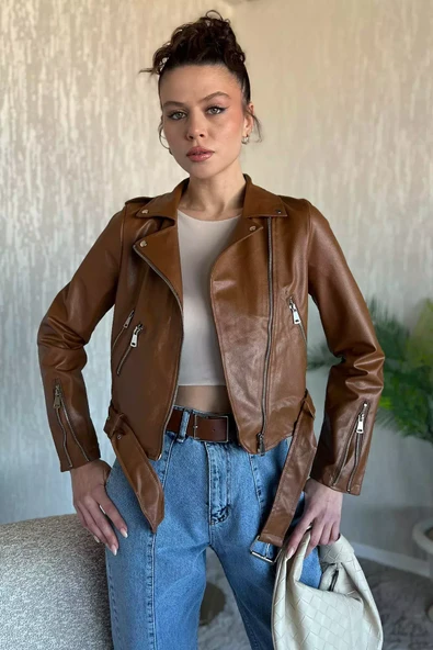 Taba Kadın Kemer Detaylı Fermuarlı Crop Top Suni Deri Ceket - 2