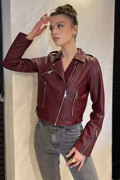 Bordo Kadın Fermuarlı Crop Top Suni Deri Ceket - 2