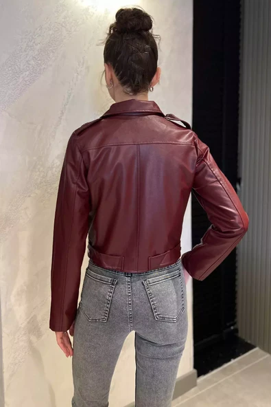 Bordo Kadın Fermuarlı Crop Top Suni Deri Ceket - 5