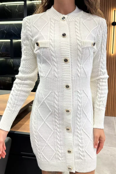 Krem Kadın Örgü Desenli Triko Elbise - 3