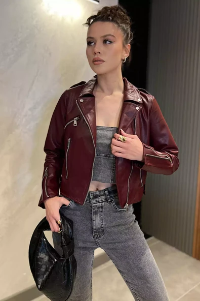 Bordo Kadın Fermuarlı Crop Top Suni Deri Ceket